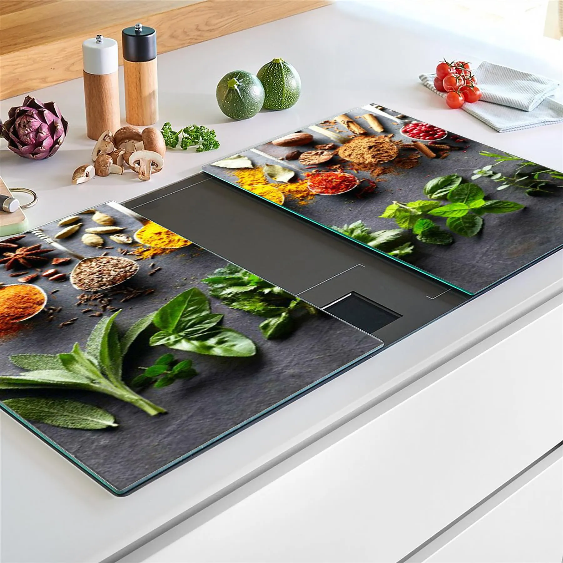 Glass Cutting Boards with Spoon & Herbs Design