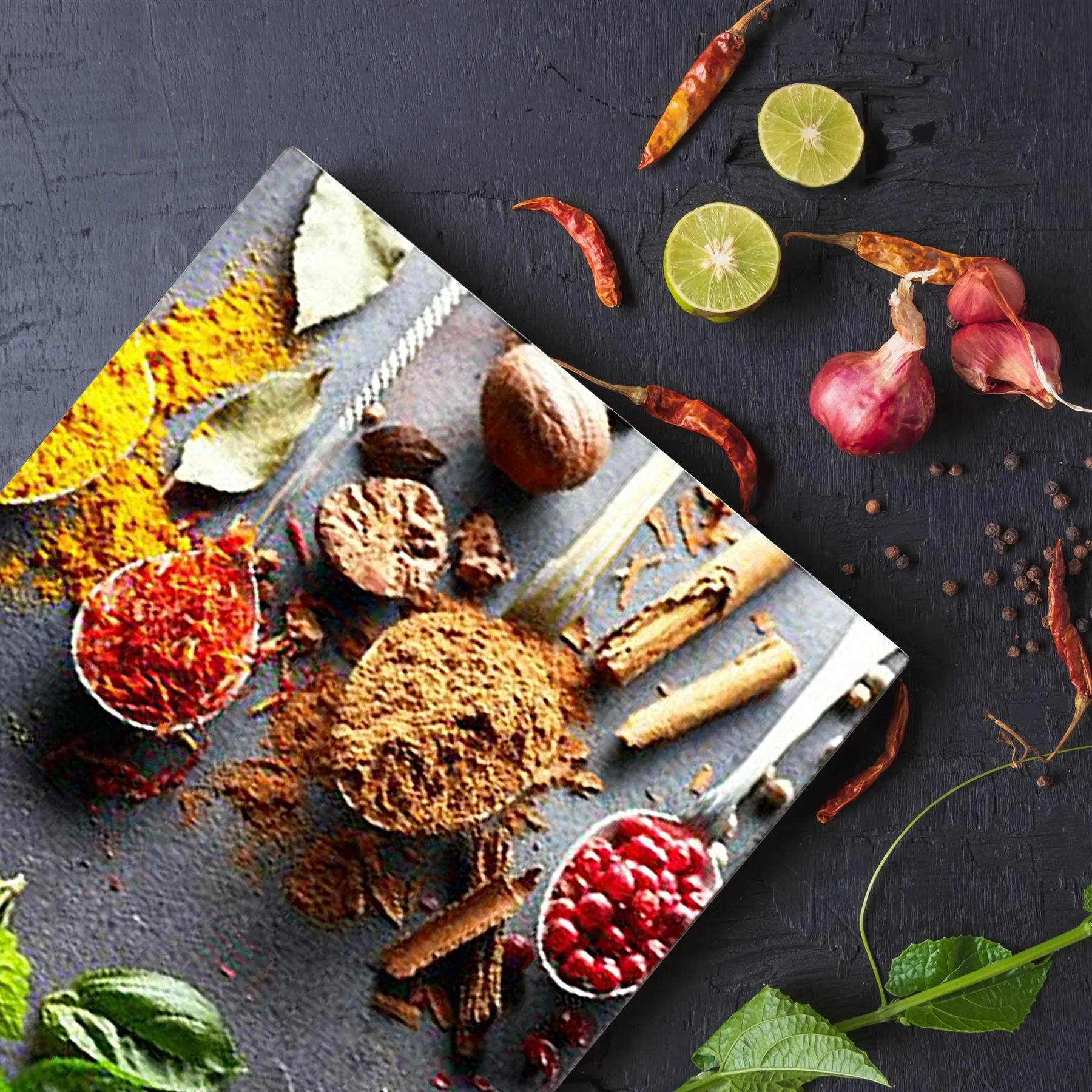 Glass Cutting Boards with Spoon & Herbs Design