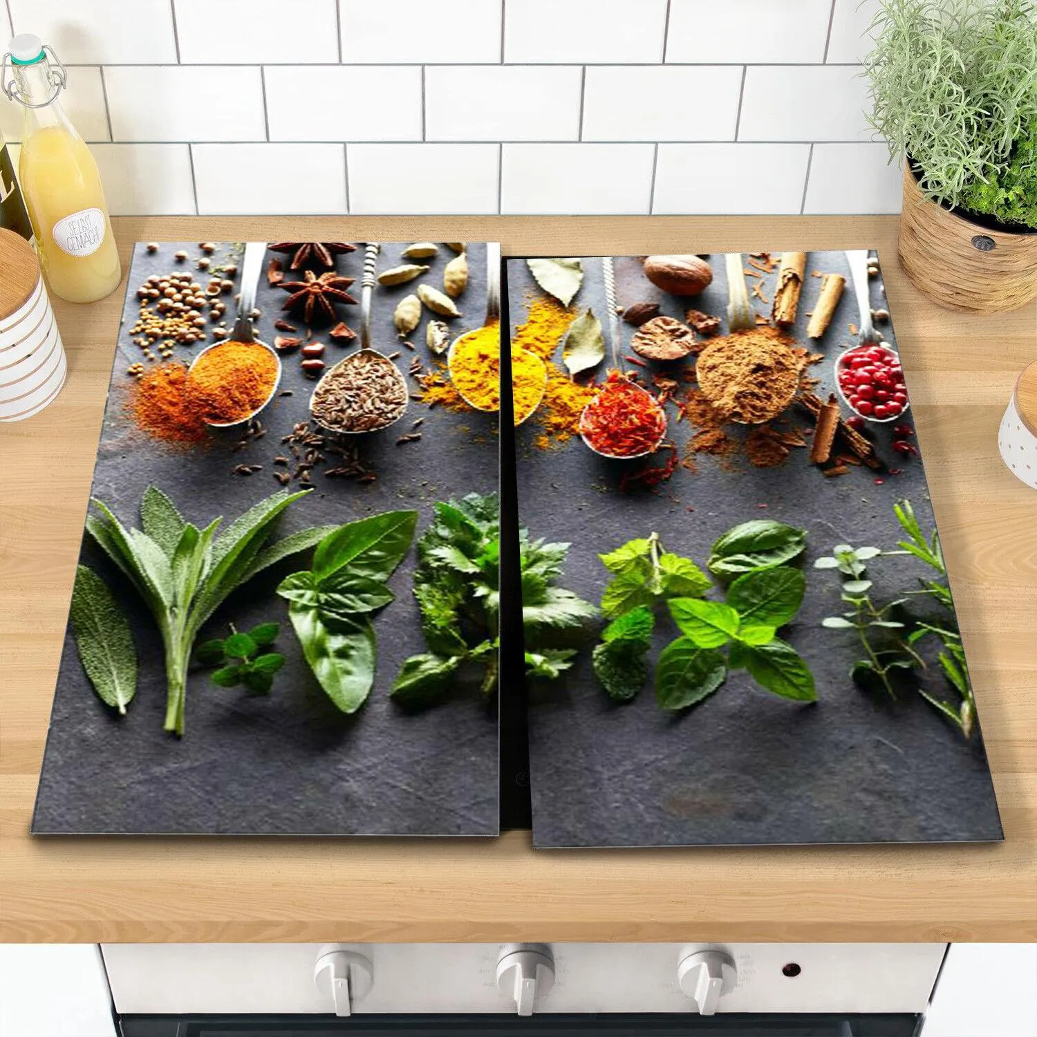 Glass Cutting Boards with Spoon & Herbs Design