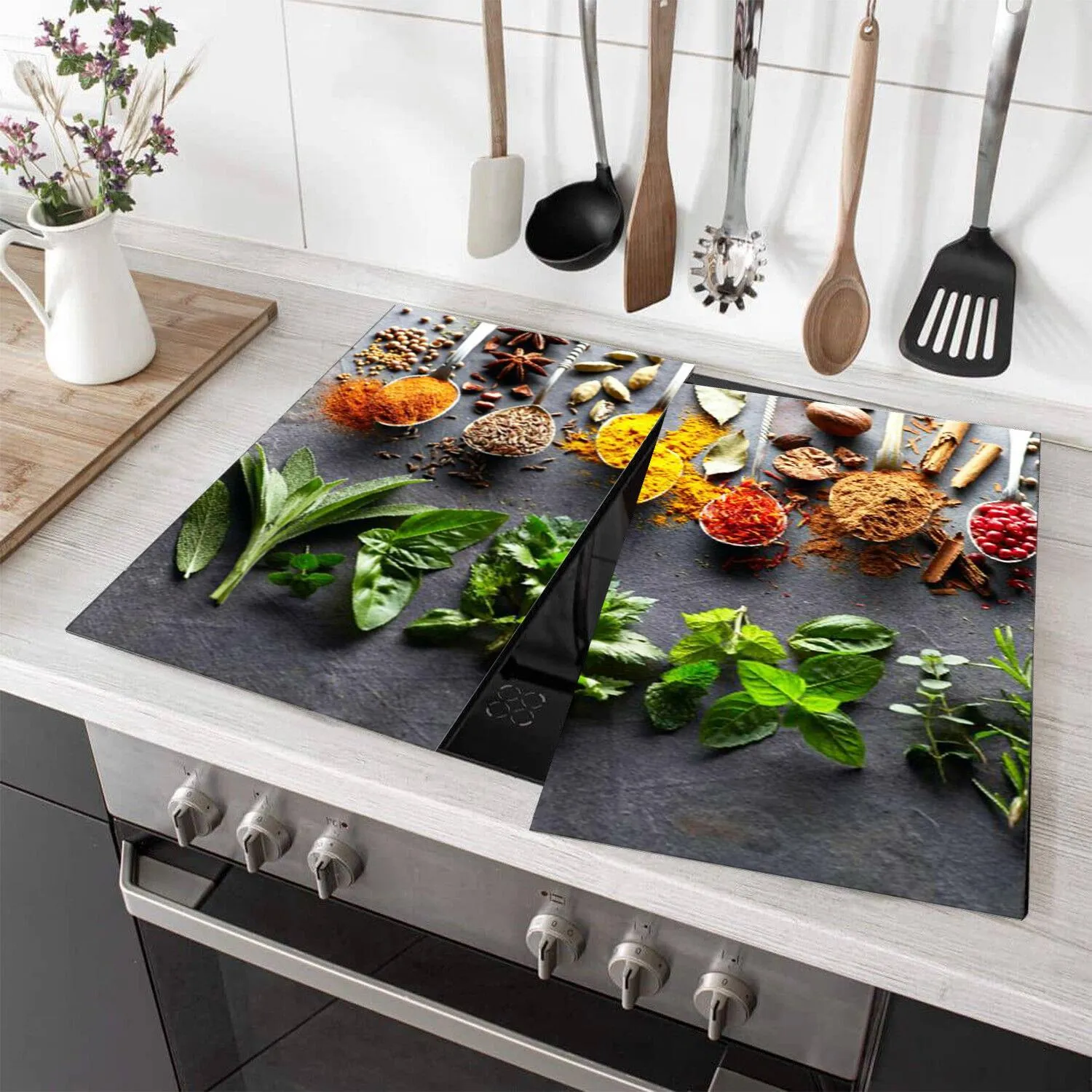Glass Cutting Boards with Spoon & Herbs Design