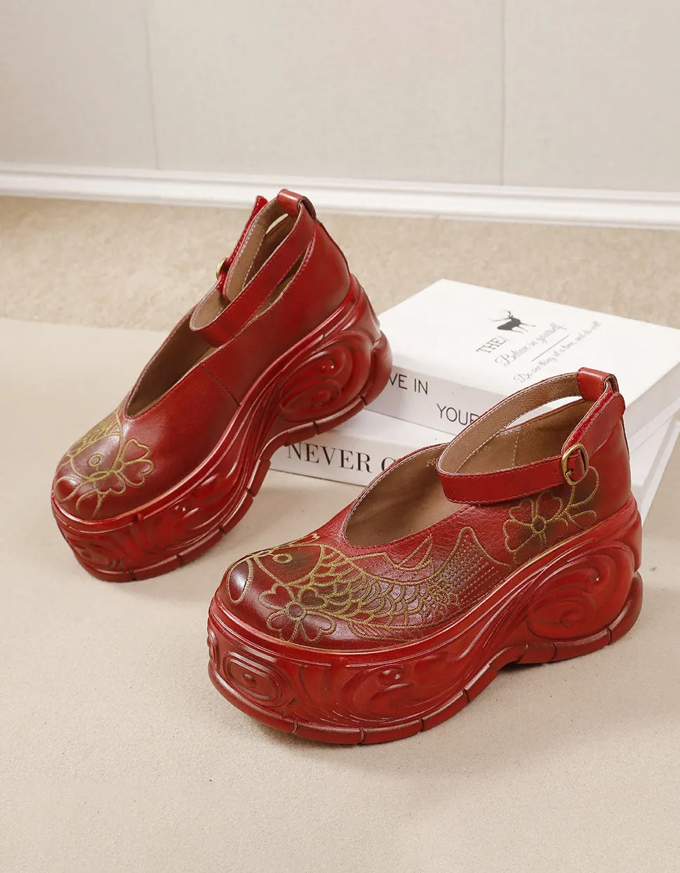 Handmade Embroidery Ankle Strap Platform Sandals
