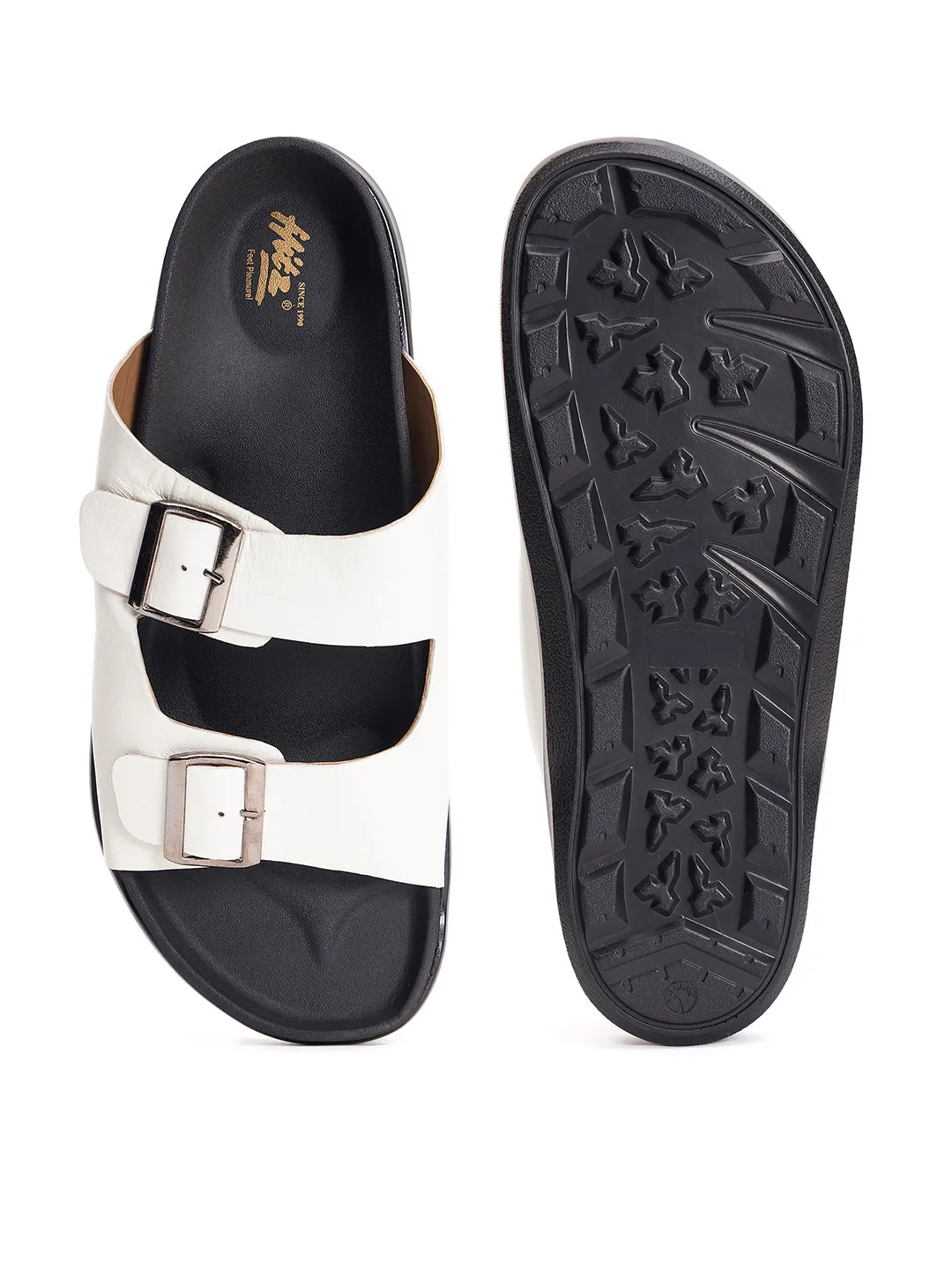 Hitz Men's White Leather Open Toe Slippers