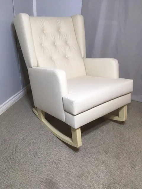 Jamestown Wingback Rocking Chair Rocker With Natural Canvas Fabric & Buttons