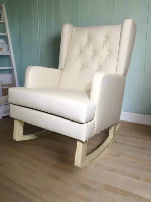 Jamestown Wingback Rocking Chair Rocker With Natural Canvas Fabric & Buttons