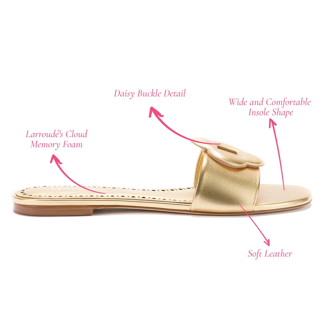 LARROUDE Flora Flat Mule In Gold Metallic Leather