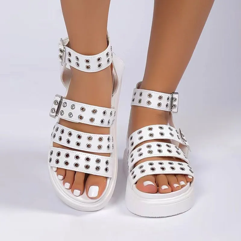 Open Toe Thick Bottom Rivet Button Sandals