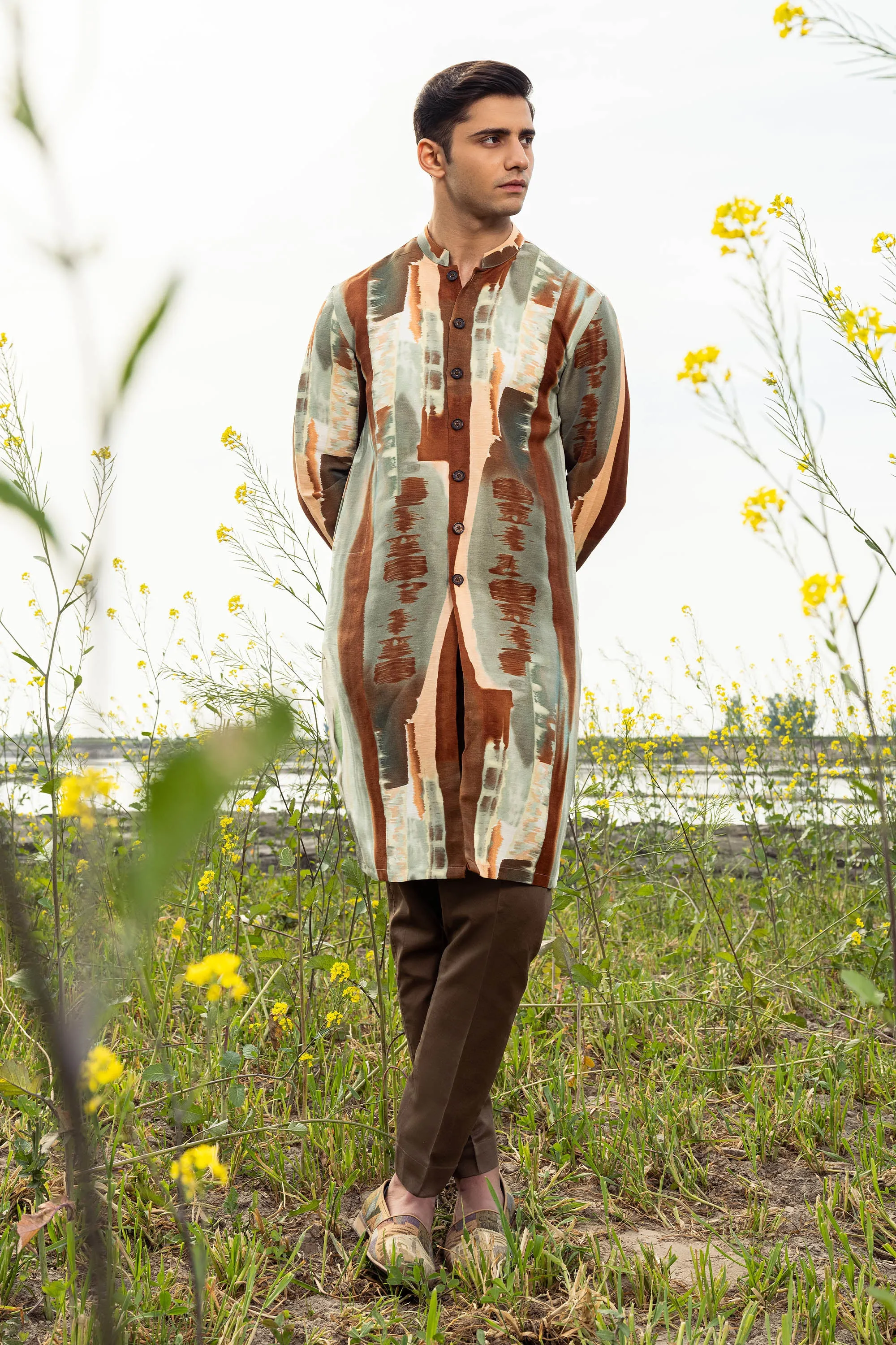 Painted Canvas Front Open Kurta Trouser