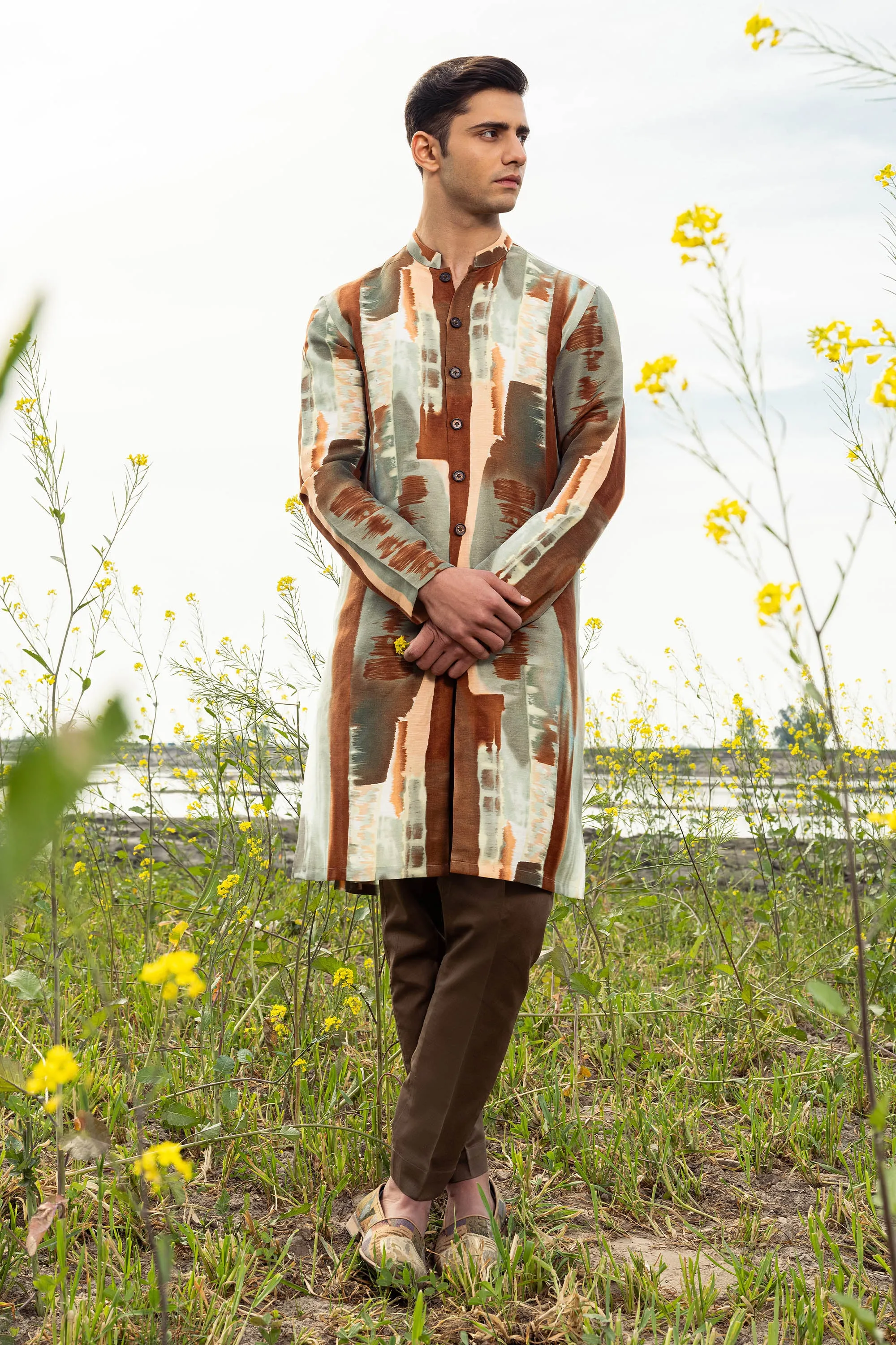 Painted Canvas Front Open Kurta Trouser
