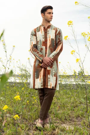Painted Canvas Front Open Kurta Trouser
