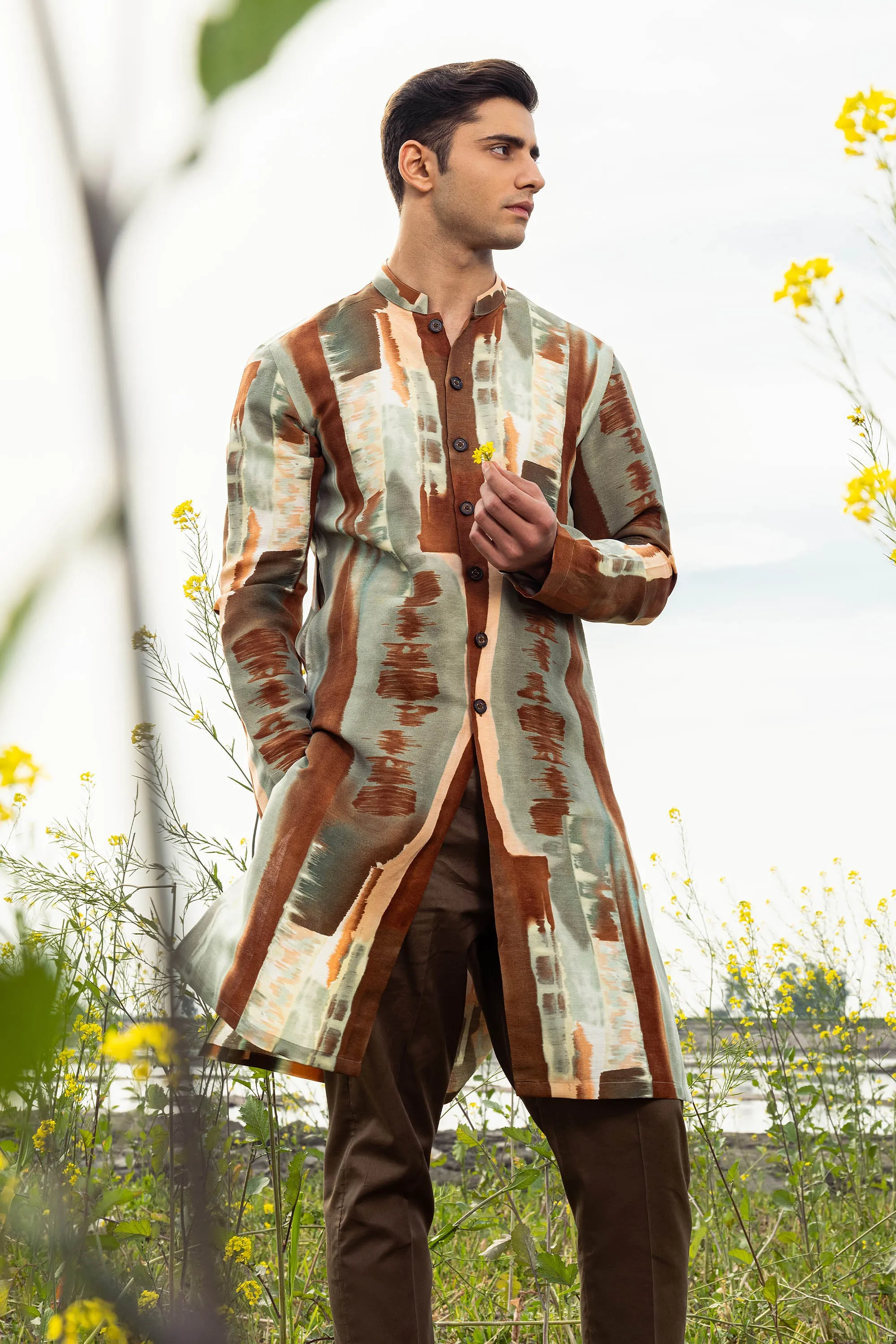 Painted Canvas Front Open Kurta Trouser