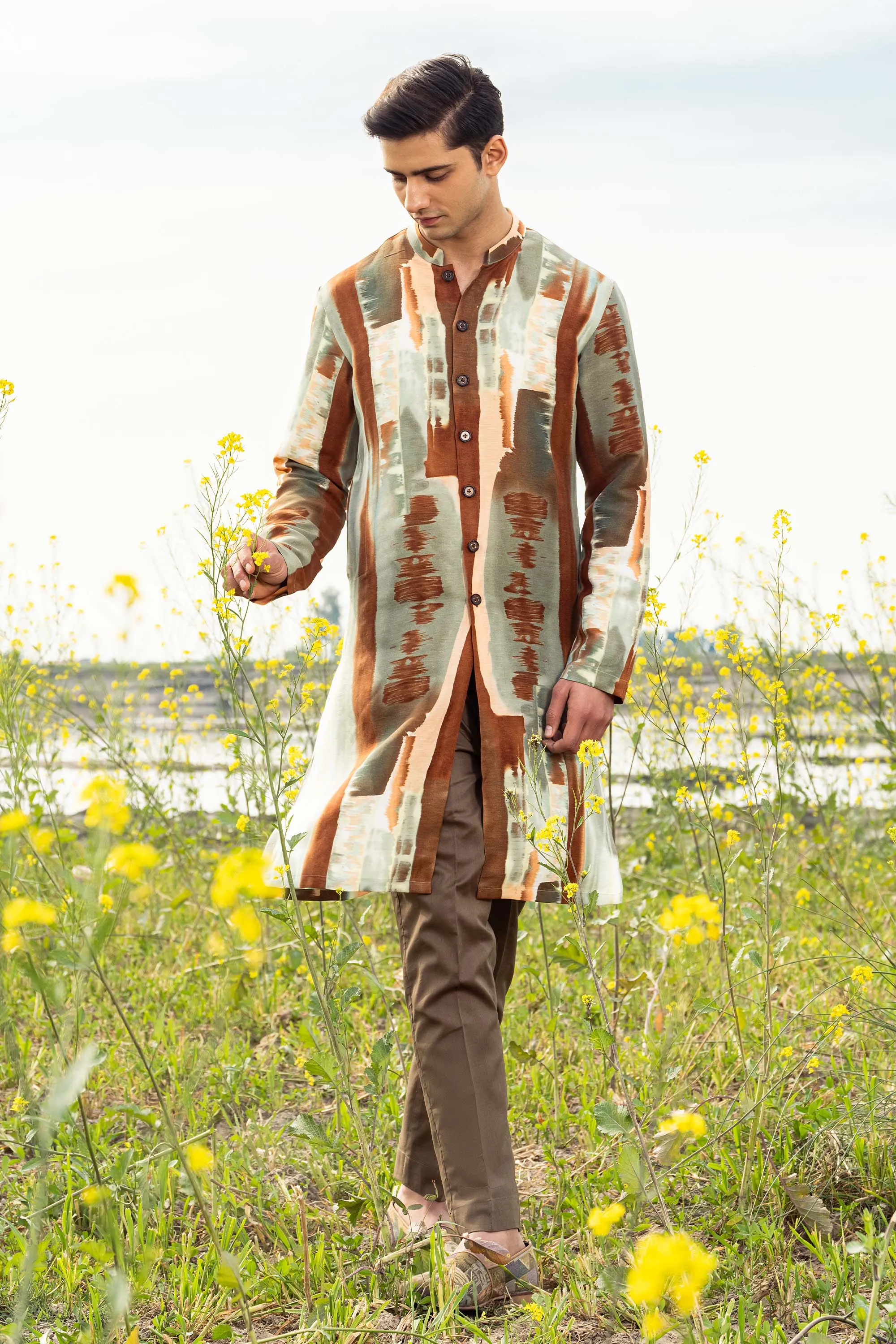 Painted Canvas Front Open Kurta Trouser