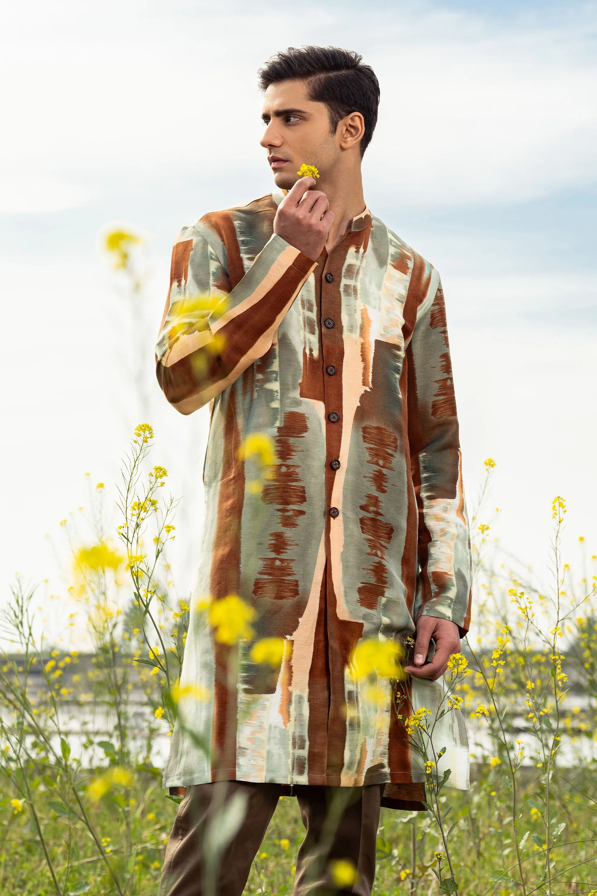 Painted Canvas Front Open Kurta Trouser