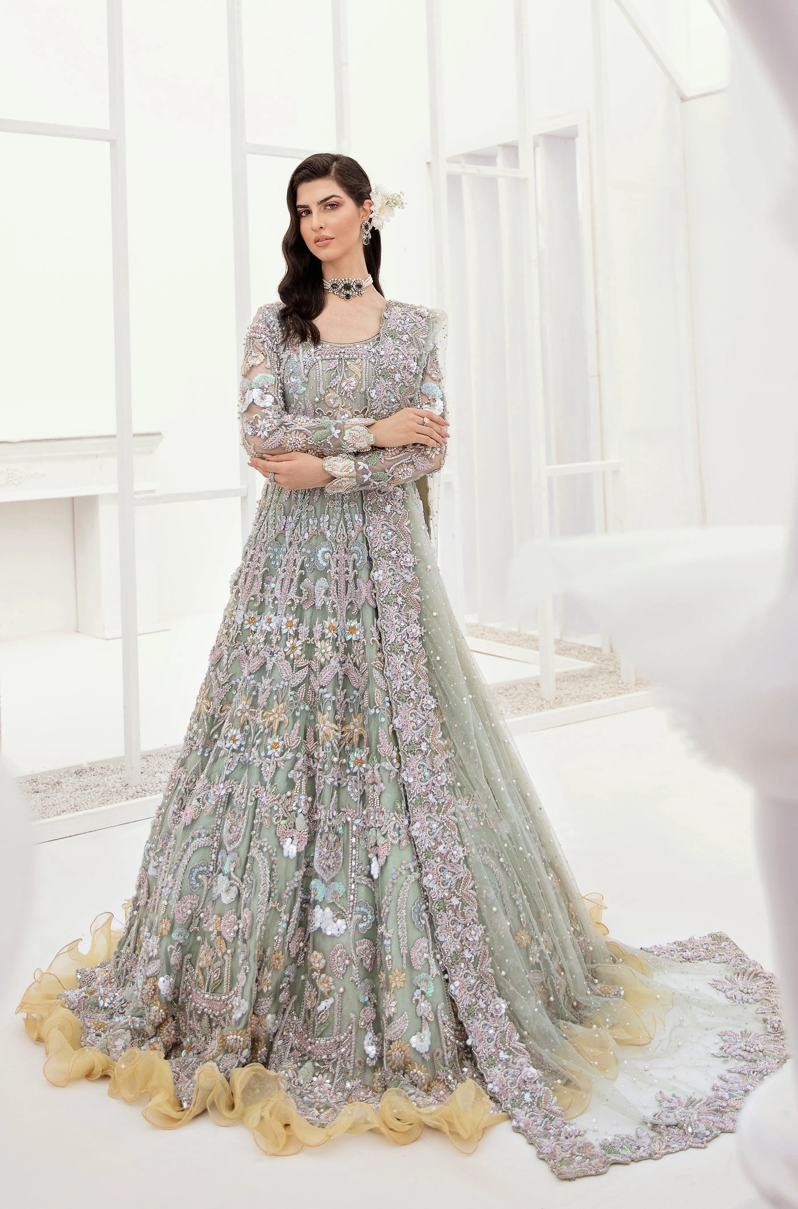 Pakistani Bridal Lehenga Designs in Embellished Heavy Hand Needle Work for Wedding Wear in Silver Grey Lehenga in Long Gown #BN943