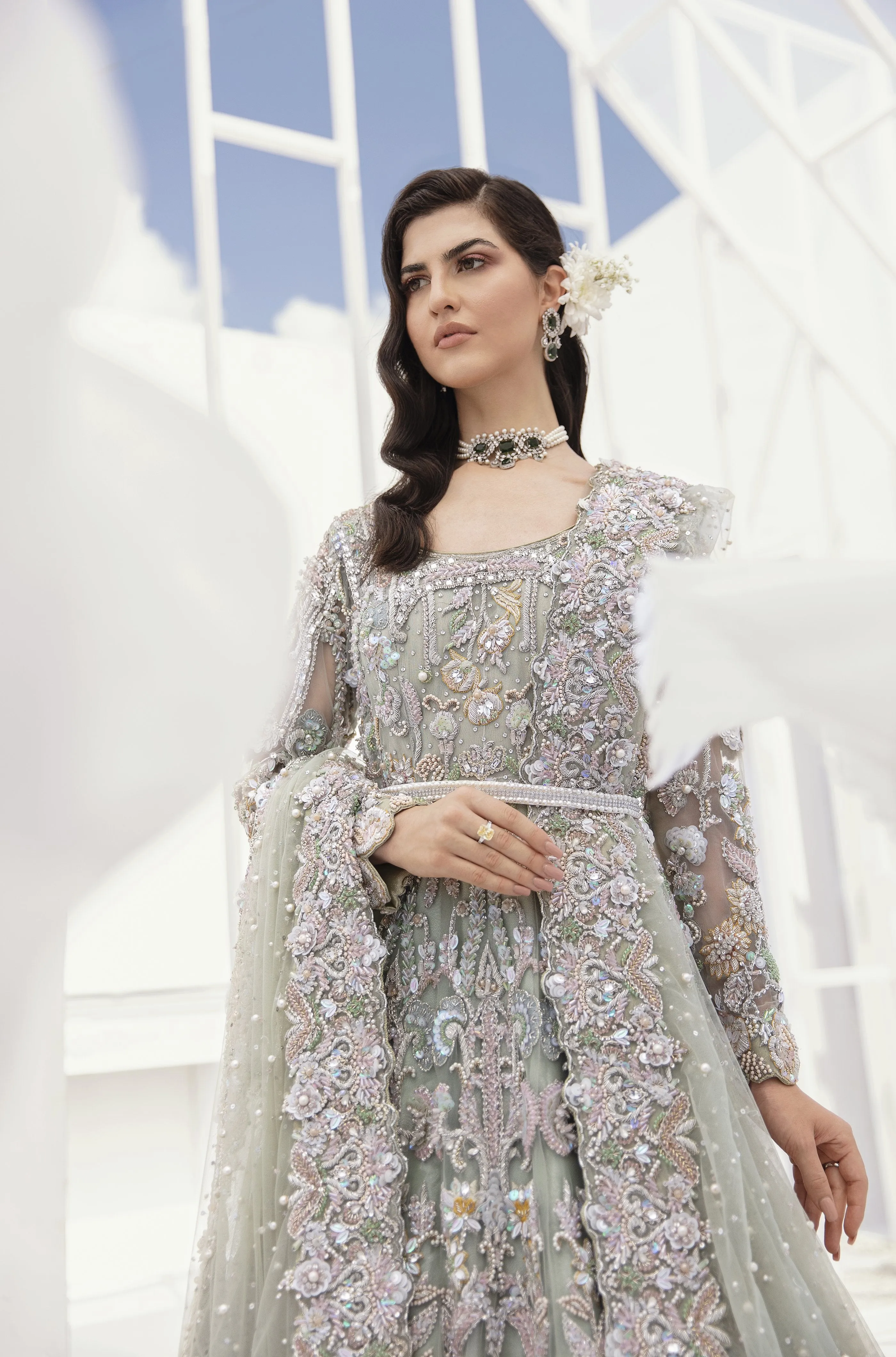 Pakistani Bridal Lehenga Designs in Embellished Heavy Hand Needle Work for Wedding Wear in Silver Grey Lehenga in Long Gown #BN943