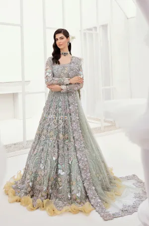 Pakistani Bridal Lehenga Designs in Embellished Heavy Hand Needle Work for Wedding Wear in Silver Grey Lehenga in Long Gown #BN943