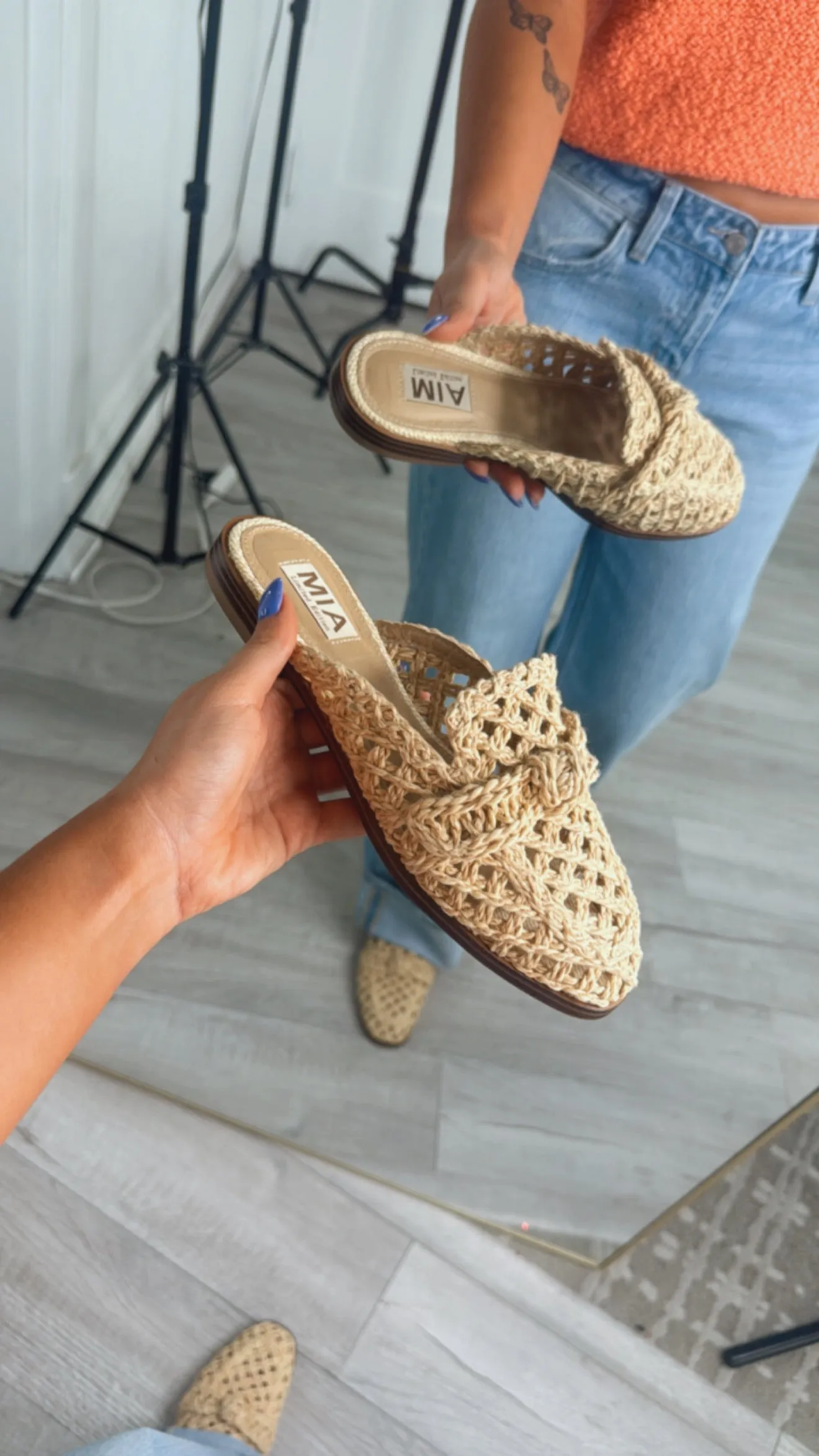Rattan Bow Woven Slide On Mules, Natural