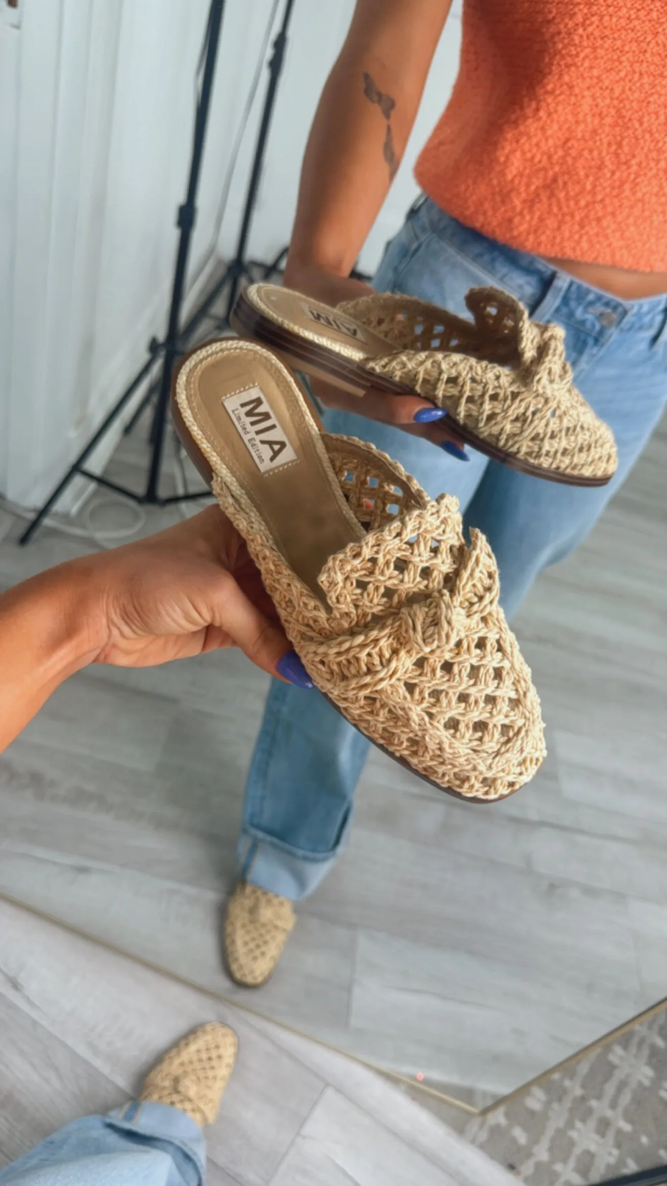Rattan Bow Woven Slide On Mules, Natural