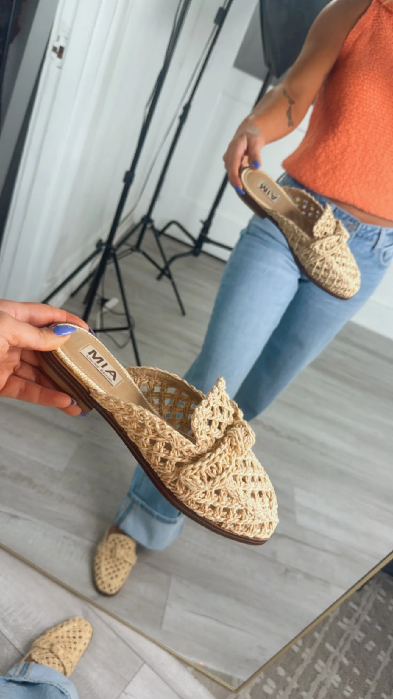 Rattan Bow Woven Slide On Mules, Natural