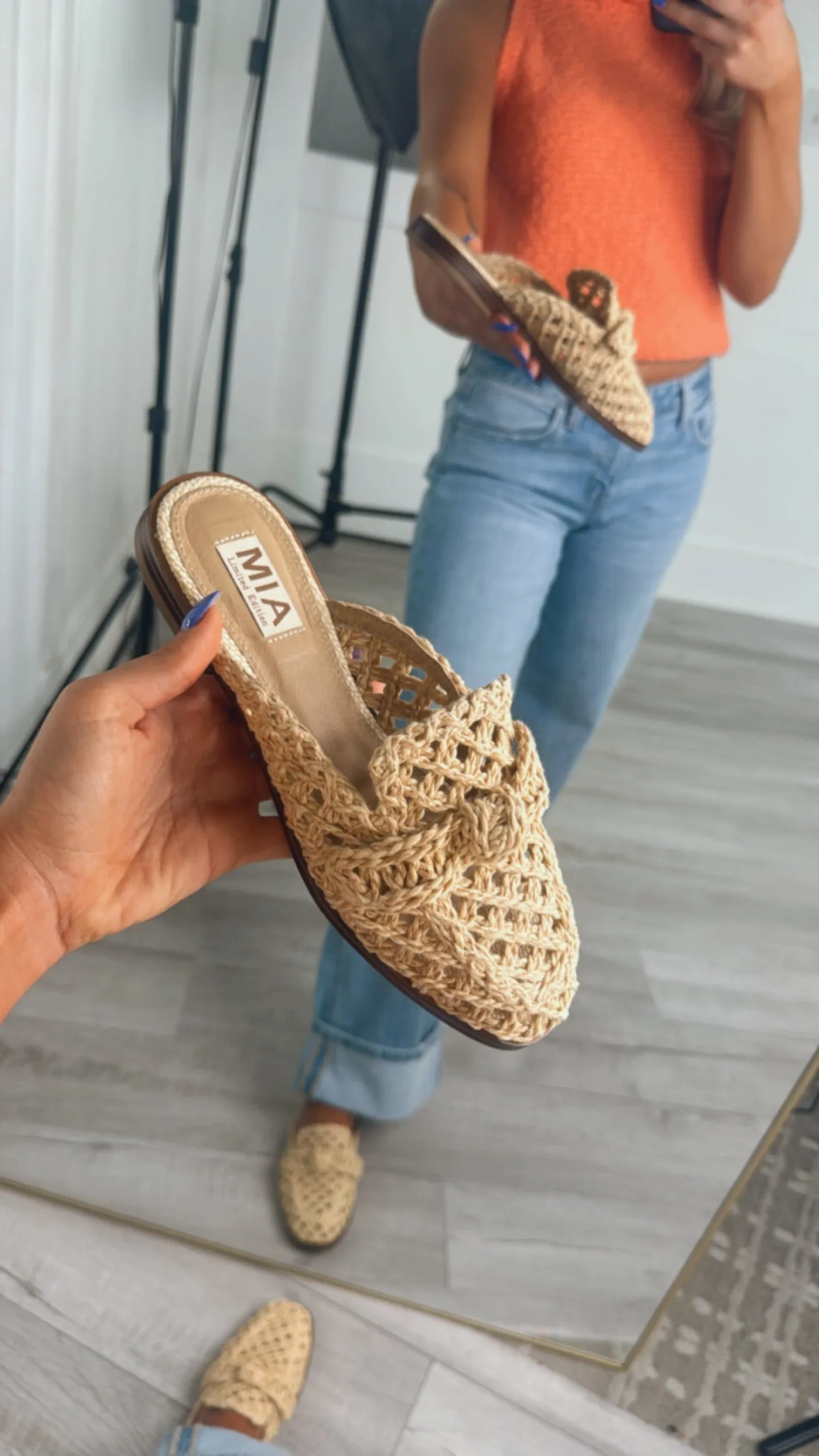 Rattan Bow Woven Slide On Mules, Natural