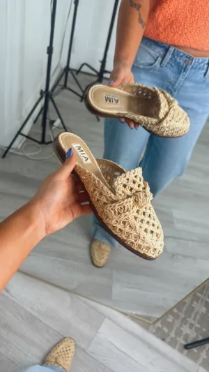Rattan Bow Woven Slide On Mules, Natural