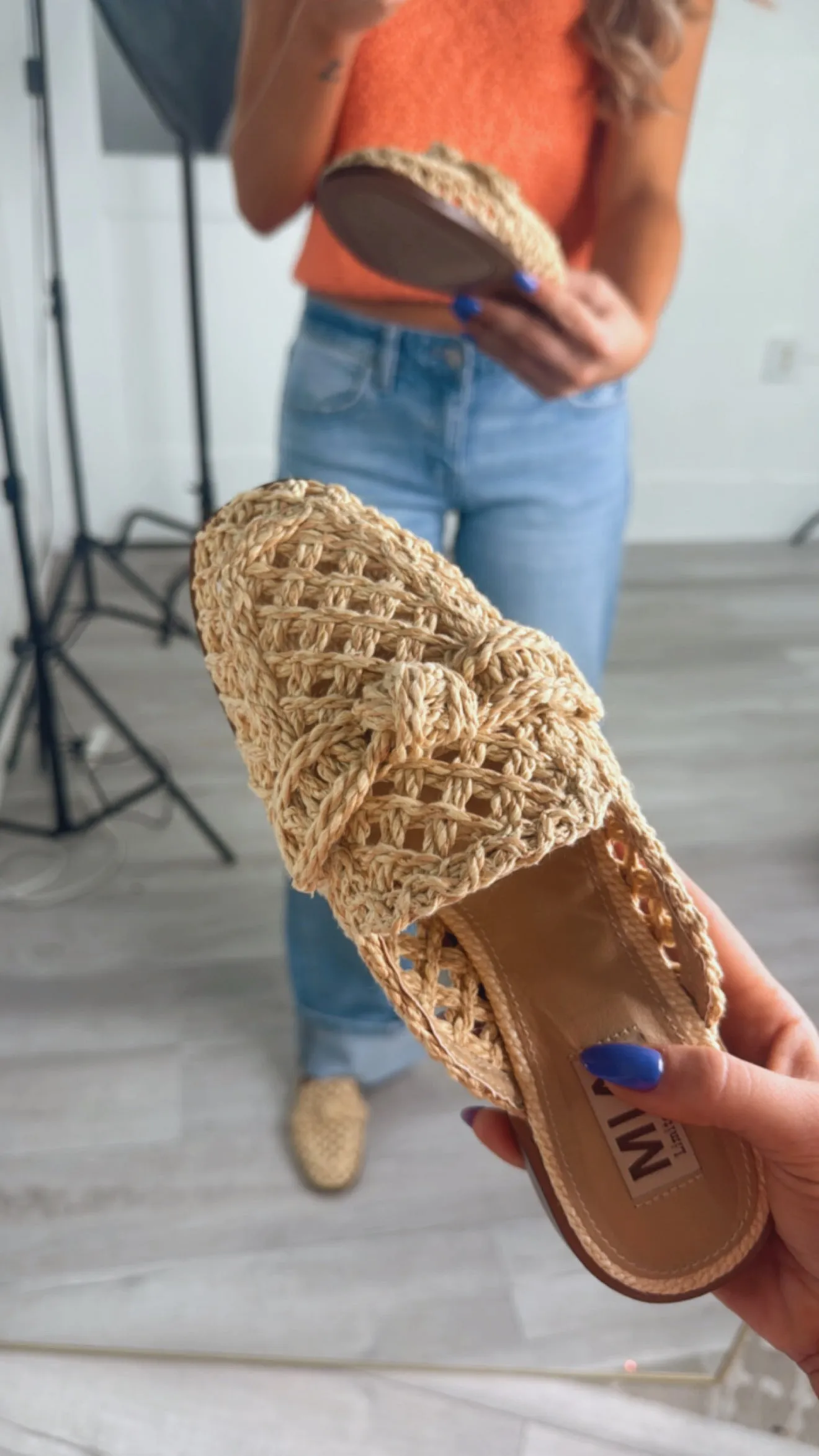 Rattan Bow Woven Slide On Mules, Natural
