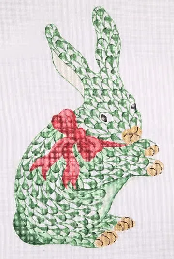 SST-218: Herend-inspired Fishnet Standing Emerald Bunny w/ Red Bow