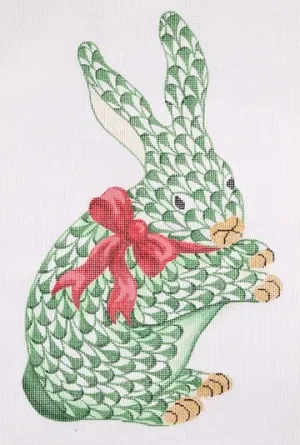 SST-218: Herend-inspired Fishnet Standing Emerald Bunny w/ Red Bow