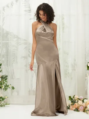 Taupe Satin Halter Neck Sleeveless Maxi Bridesmaid Dress With Slit