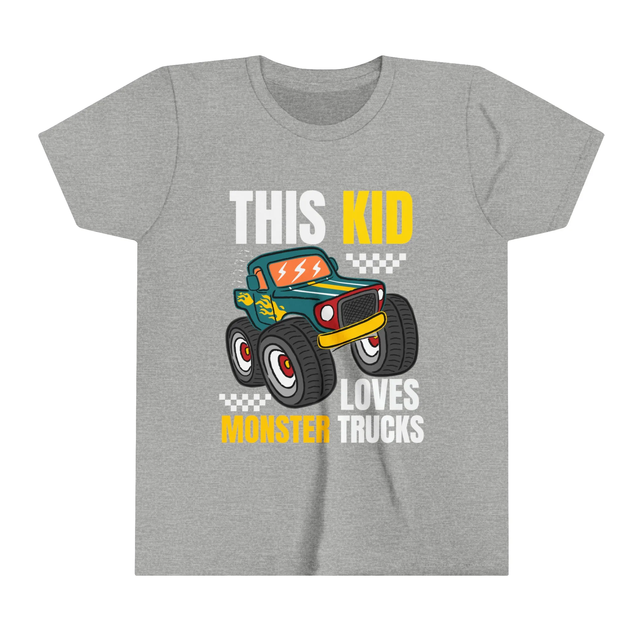 THIS KID LOVES MONSTER TRUCKS - Youth Short Sleeve Tee - 4 Color choices