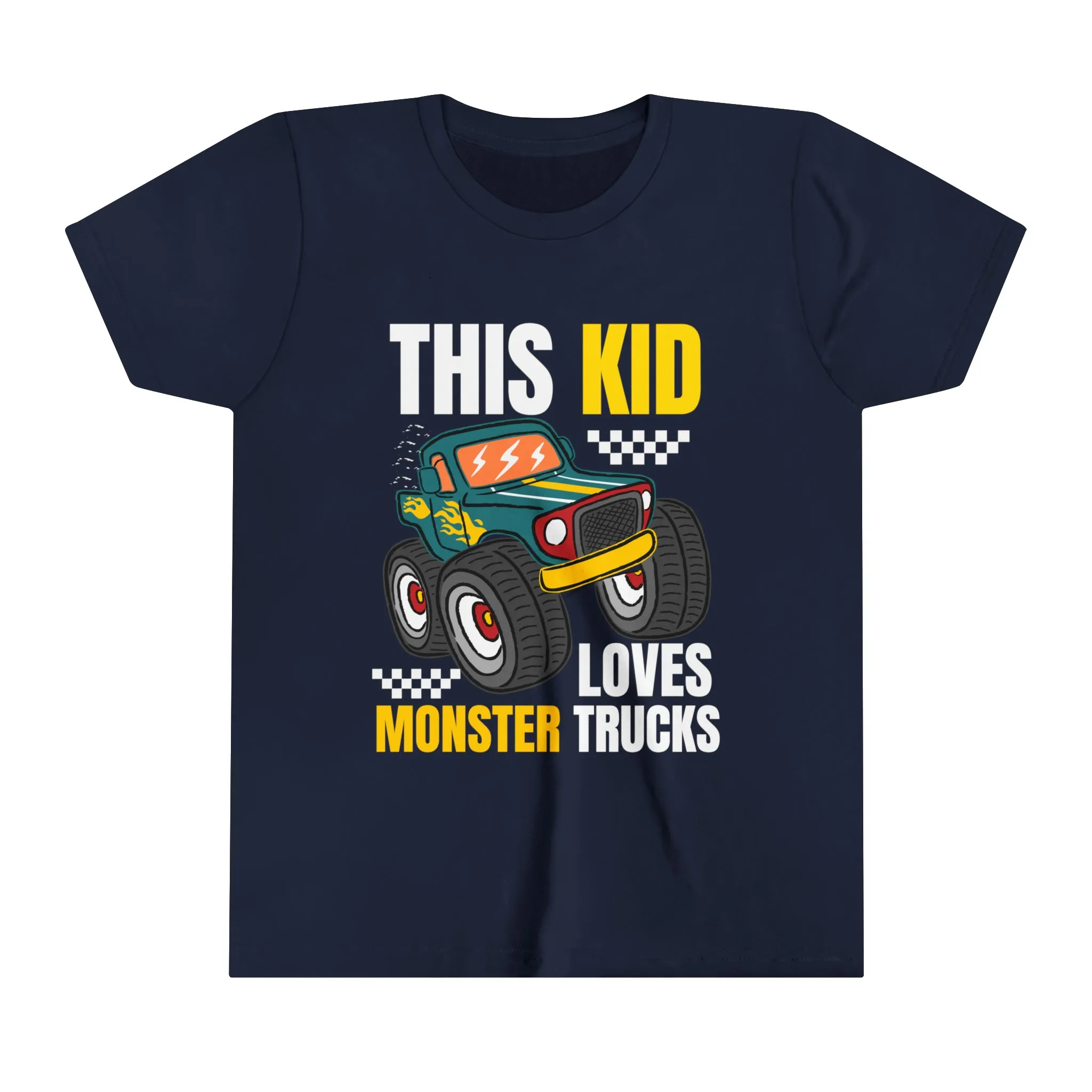THIS KID LOVES MONSTER TRUCKS - Youth Short Sleeve Tee - 4 Color choices