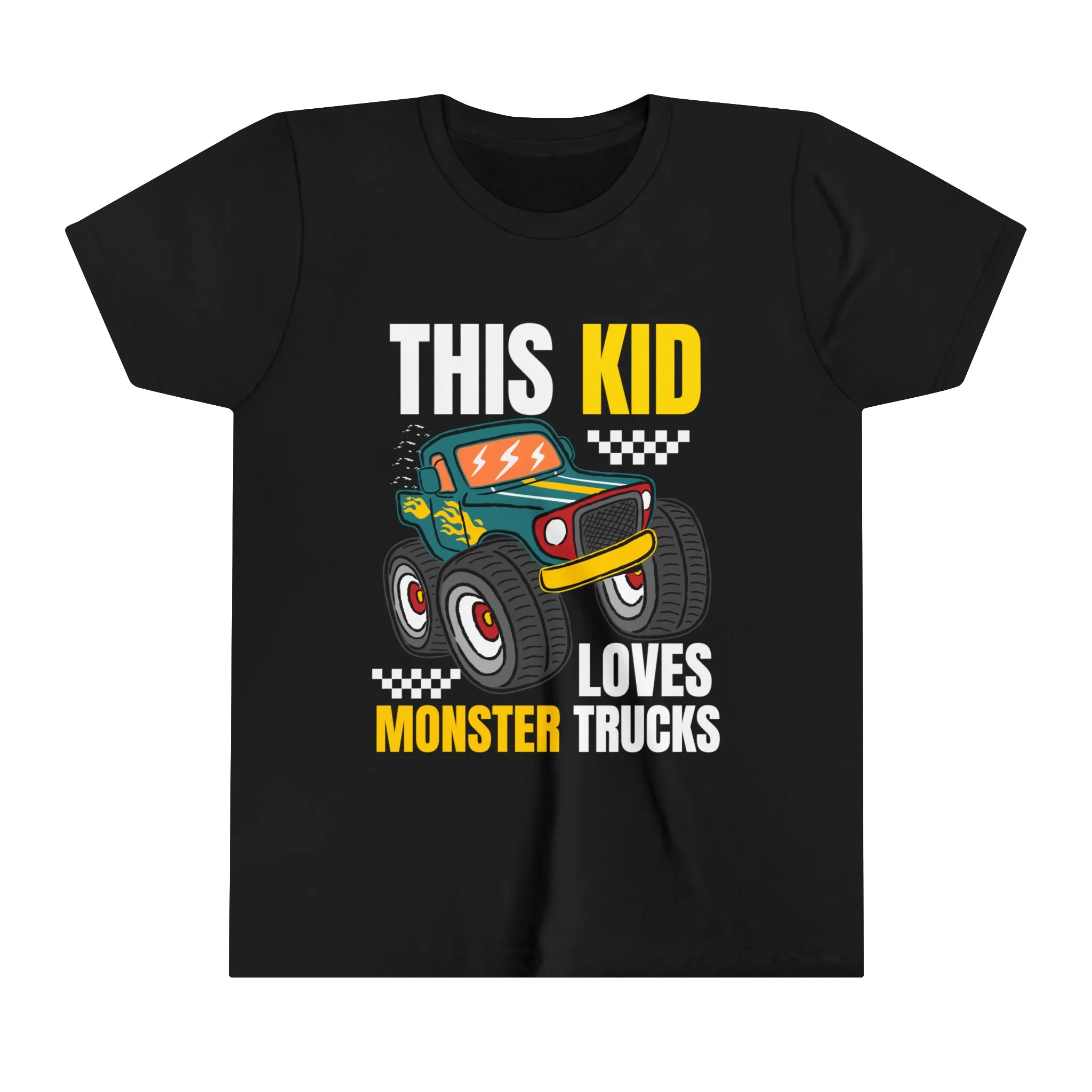 THIS KID LOVES MONSTER TRUCKS - Youth Short Sleeve Tee - 4 Color choices