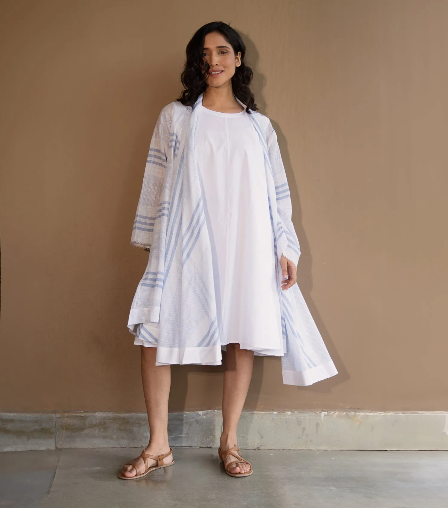 White & Blue Striped Woven Cotton Overlay & Dress