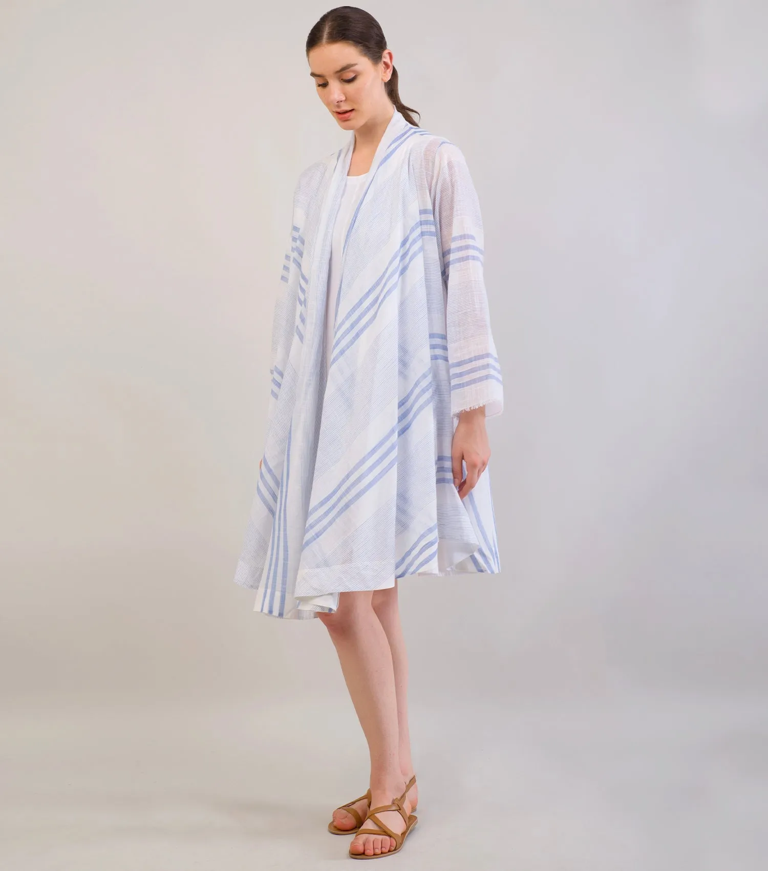 White & Blue Striped Woven Cotton Overlay & Dress