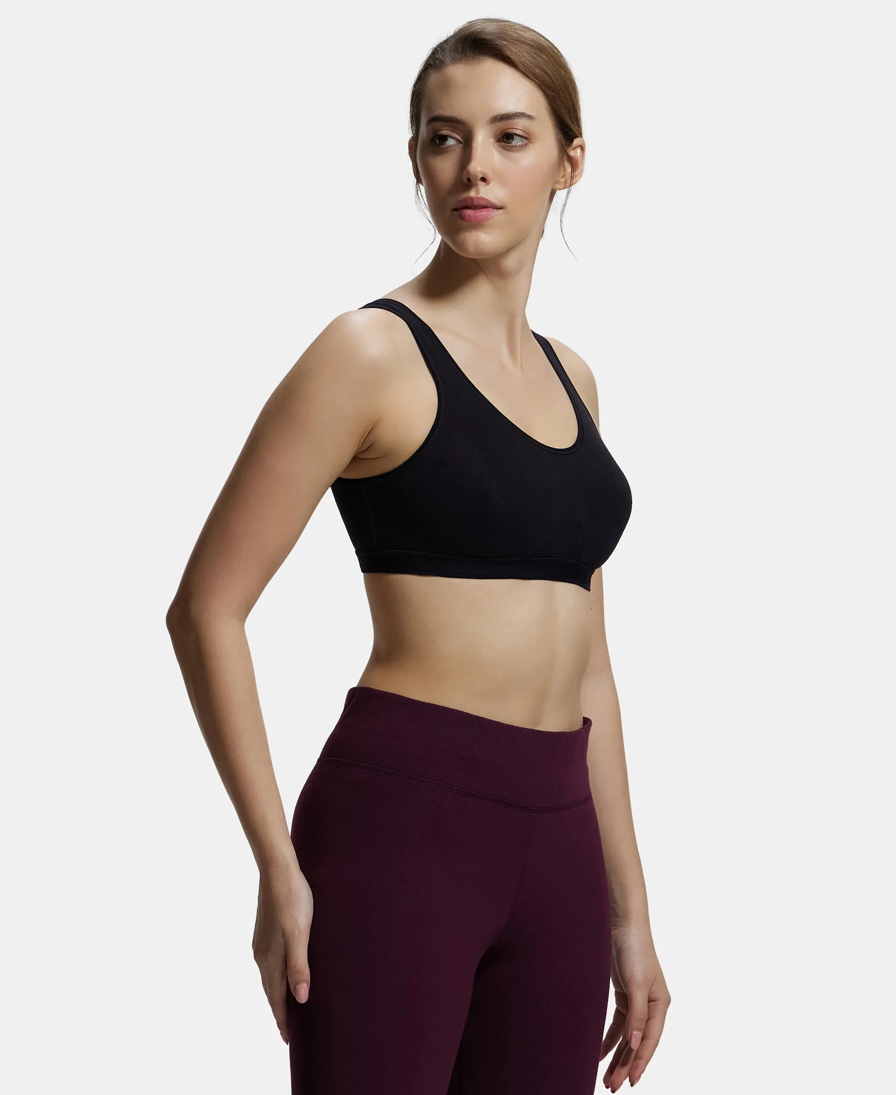 Wirefree Non Padded Super Combed Cotton Elastane Stretch Full Coverage Slip-On Active Bra with Wider Straps and Moisture Move Treatment - Black