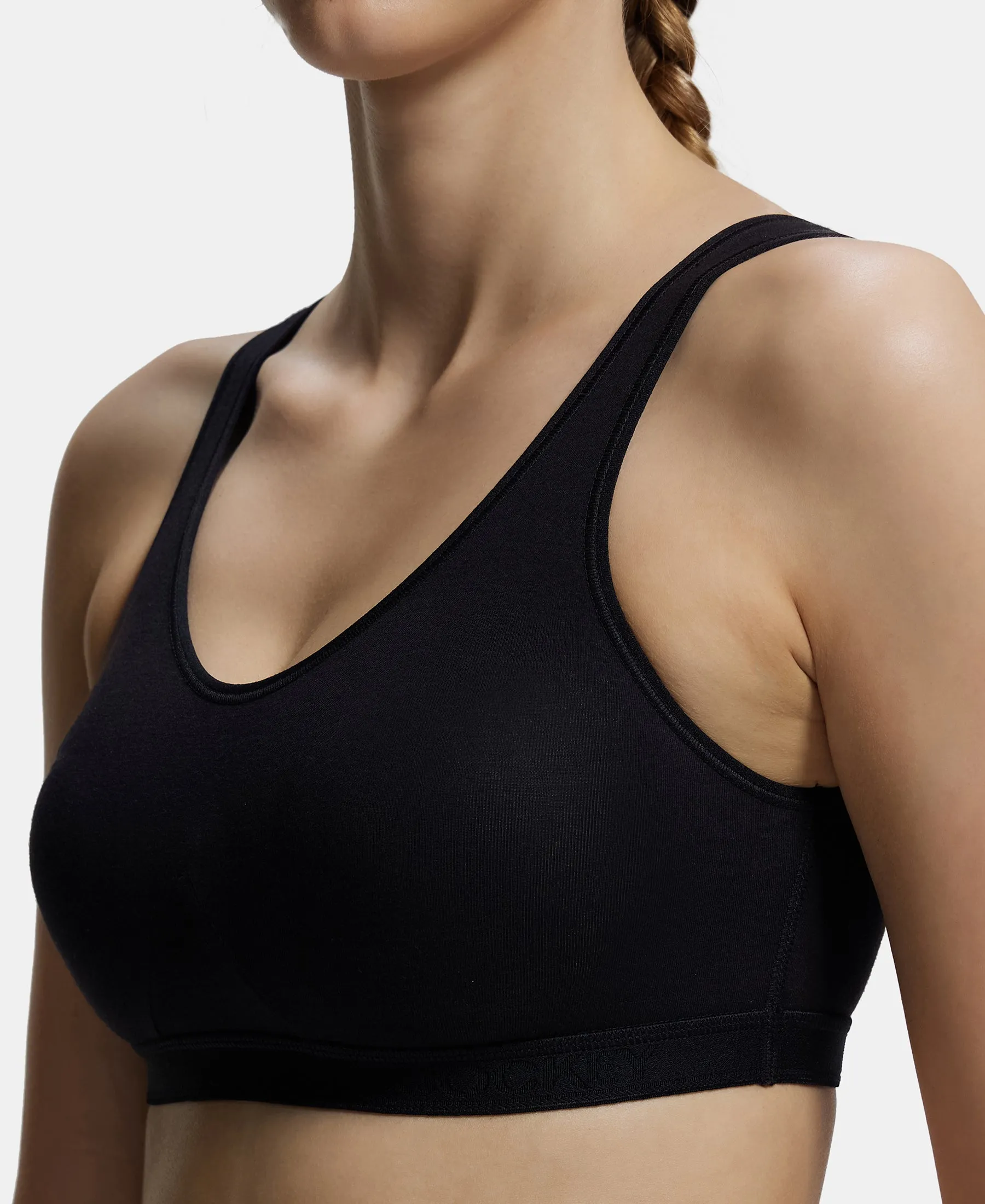 Wirefree Non Padded Super Combed Cotton Elastane Stretch Full Coverage Slip-On Active Bra with Wider Straps and Moisture Move Treatment - Black
