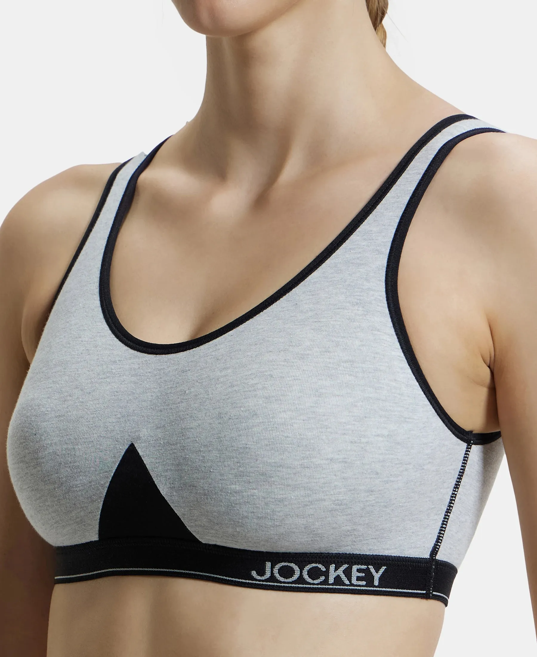 Wirefree Non Padded Super Combed Cotton Elastane Stretch Full Coverage Slip-On Active Bra with Wider Straps and Moisture Move Treatment - Steel Grey Melange