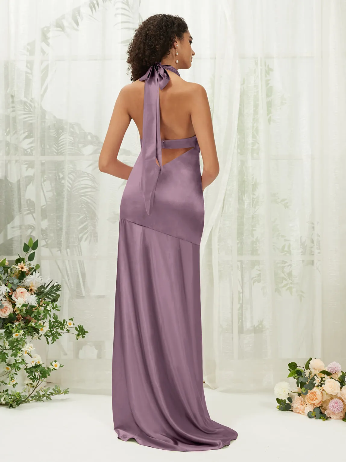 Wisteria Satin Halter Neck Sleeveless Maxi Bridesmaid Dress With Slit