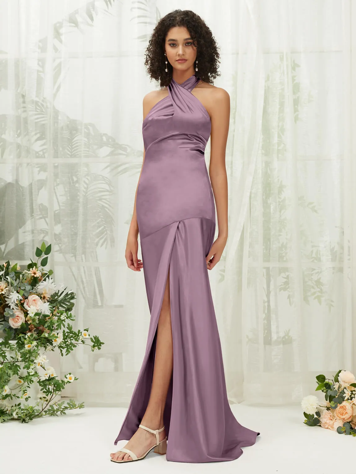 Wisteria Satin Halter Neck Sleeveless Maxi Bridesmaid Dress With Slit