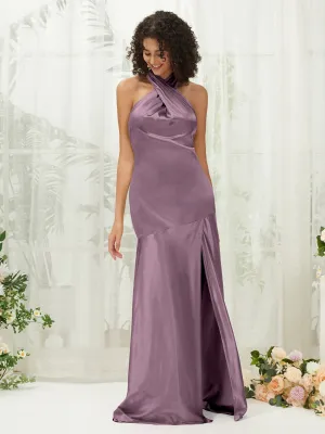 Wisteria Satin Halter Neck Sleeveless Maxi Bridesmaid Dress With Slit
