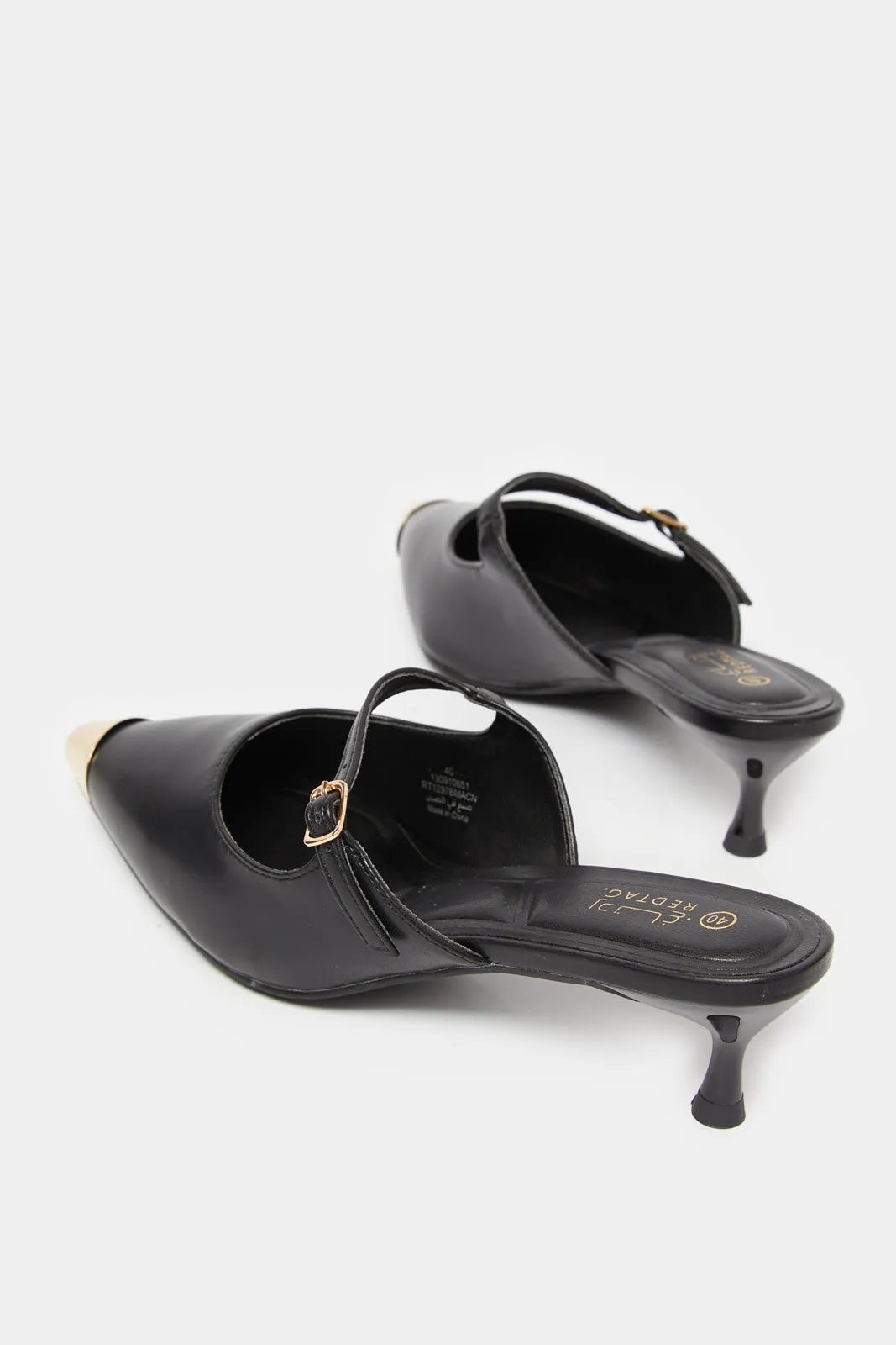 Women Black Gold Pointy Mule