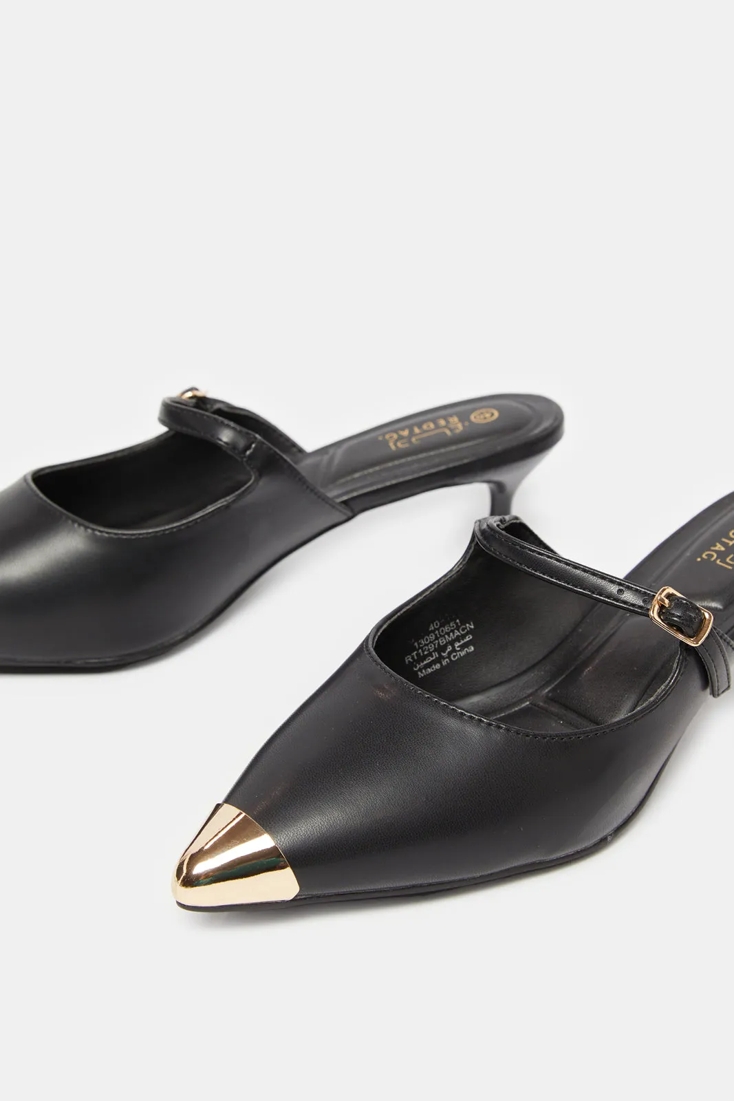 Women Black Gold Pointy Mule