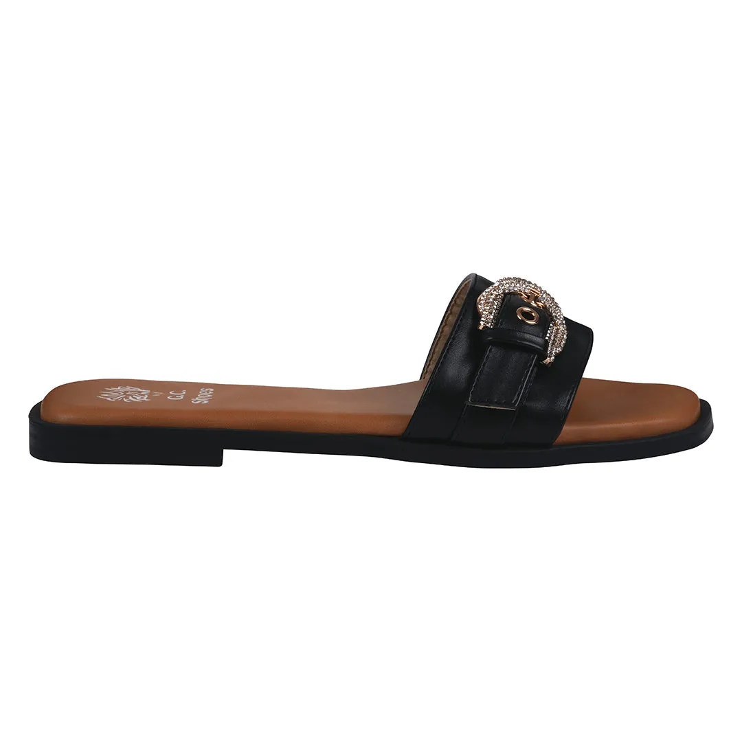 Women's Kenna Black Embellished Buckle Flat Sandals